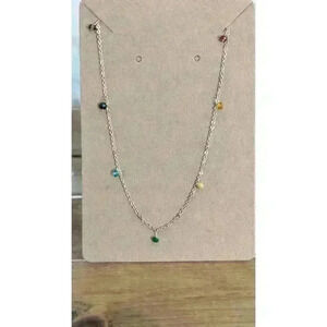 Dainty Gold Tone Multicolor Rhinestone Station Necklace 7 Chakra Crystals